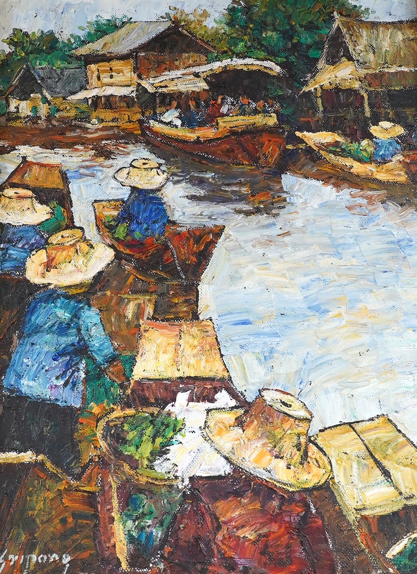 Sripong, impasto oil on canvas, Bangkok riverscape with figures and boats, signed, 40 x 29cm. Condition - good